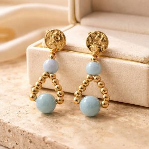 Boucles d'Oreilles Aigue-Marine et Perles Dorées