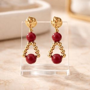 boucles d'oreilles quartz rose et perles dorées