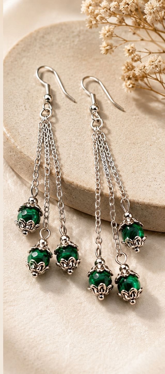 Boucles d'Oreilles Cascade en Malachite Naturelle